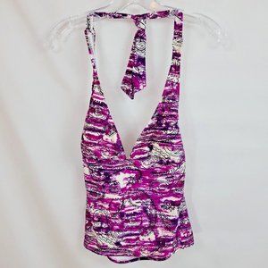 Catalina M 8-10 Halter Top Swim Purple White Black Removable Cups Lined